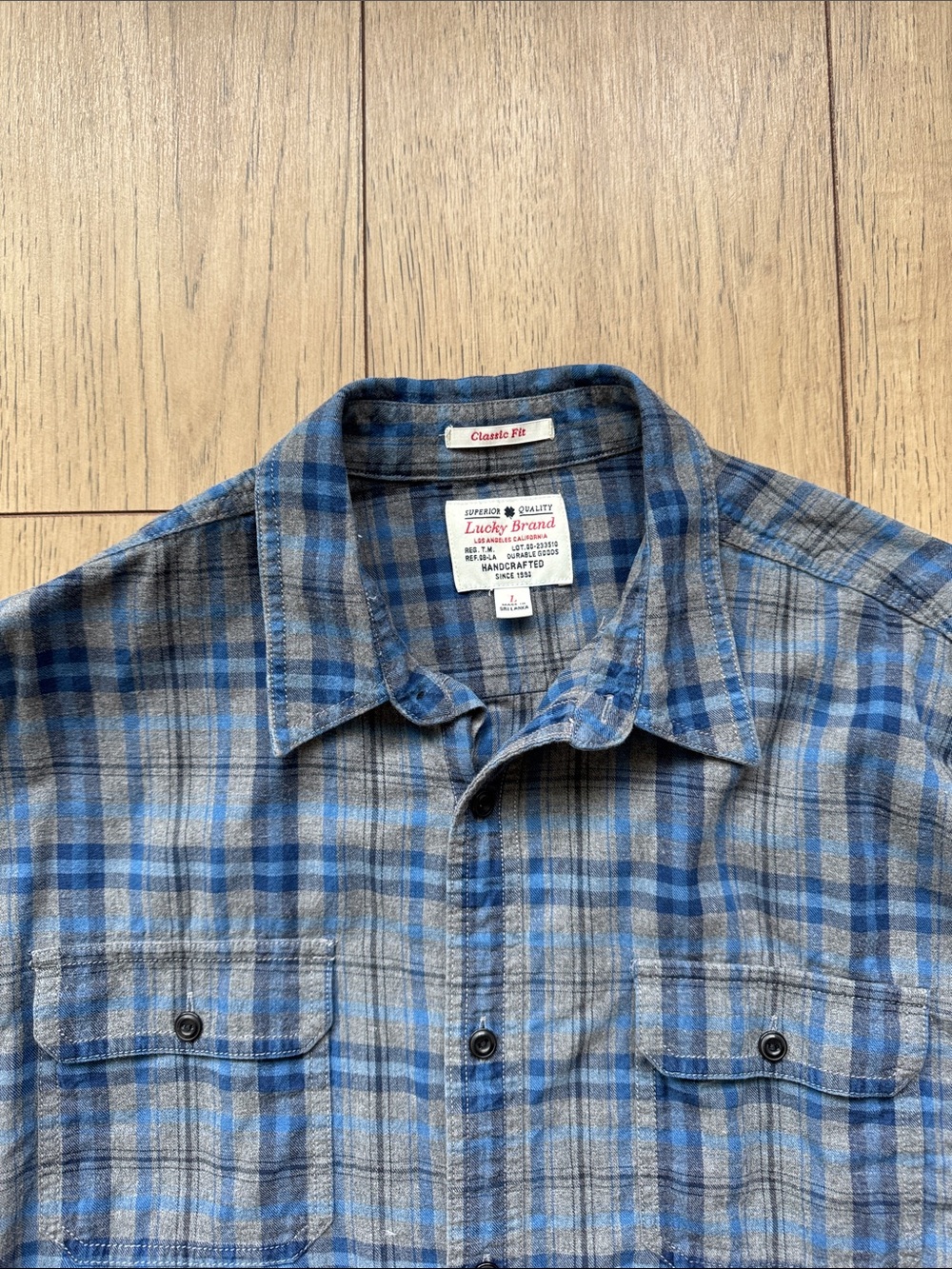 Lucky Brand Plaid Flannel Shirt Men’s Large Blue Gray Classic Fit Button Up